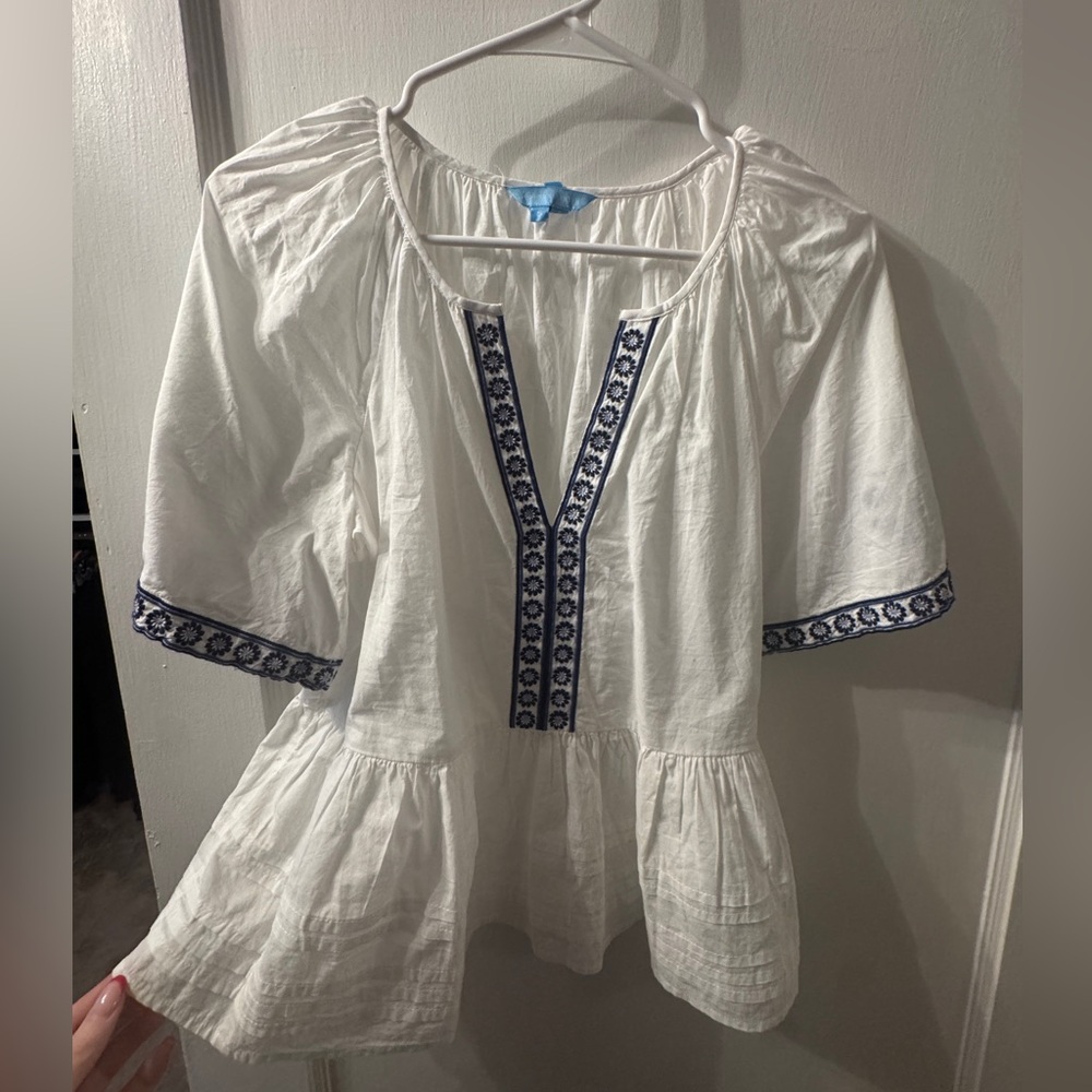 Draper James White Blouse with Navy Embroidery